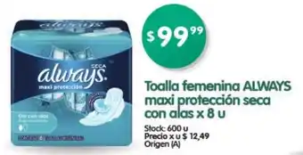 Supermercados Buenos Días Always Toalla femenina maxi protección seca con alas x 8 u oferta