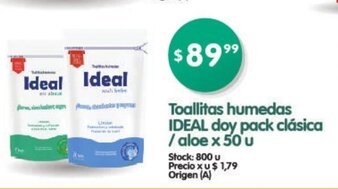 Supermercados Buenos Días Ideal Toallitas humedas doy pack clásica / aloe x 50 u oferta