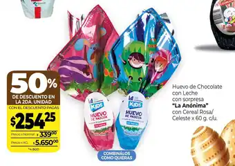 La Anonima La Anónima Huevo de Chocolate con Leche con sorpresa con Cereal Rosa/Celeste x 60 g. c/u. oferta