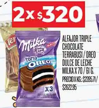 Supermercados DIA Alfajor Triple Chocolate Terrabusi/Oreo Dulce de Leche Milka 2x70/61g oferta