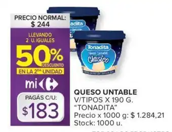 Carrefour Queso Untable v/tipos x 190g TONADITA oferta