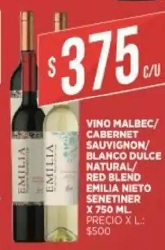 Supermercados DIA Vino Malbec/ Cabernet Sauvignon/ Blanco Dulce Natural/ Red Blend Emilia Nieto Senetiner x750 ml oferta