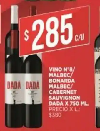 Supermercados DIA Dada Vino Nb/ Malbec Bonarda Malbec/ Cabernet Sauvignon x750 ml oferta