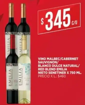 Supermercados DIA Emilia Vino Malbec/ Cabernet Sauvignon/ Blanco Dulce Natural/ Red Blend Nieto Senetiner x750 ml oferta