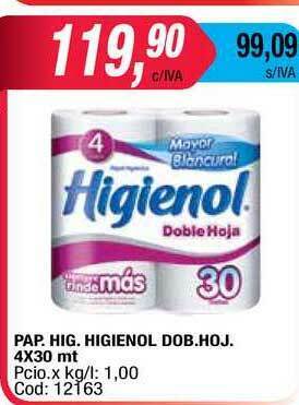 Maxiconsumo Pap. Hig. Higienol Dob. Hoj. 4 x 30mt oferta
