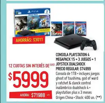 Walmart Consola Playstation 4 Megapack 15+3 Juegos + 1 Joystick Dualshock oferta