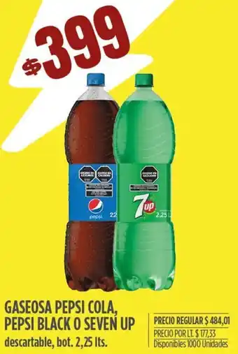 Supermercados Vea Gaseosa Pepsi Cola, Pepsi Black o Seven Up 2,25L oferta