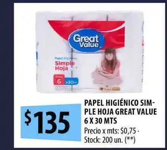 Punto Mayorista Great Value Papel Higiénico Simple Hoja 6x30 mts oferta