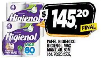 Supermercados Yaguar Higienico Papel Higienol Max Manz.4R. 80m oferta