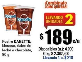 Cooperativa Obrera Postre Danette, Mousse, Dulce de Leche o Chocolate 80g oferta