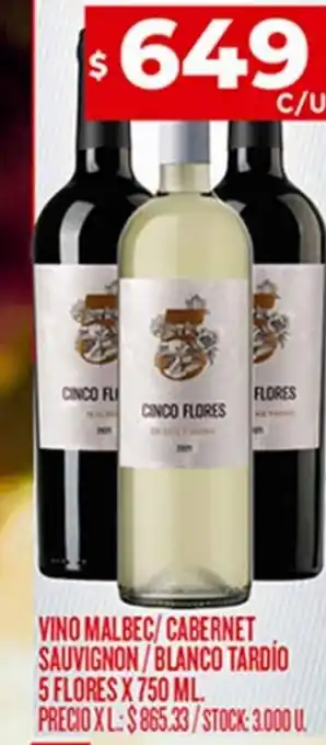 Supermercados DIA Vino Malbec / Cabernet Sauvignon / Blanco Tardío Cinco Flores x 750ml oferta