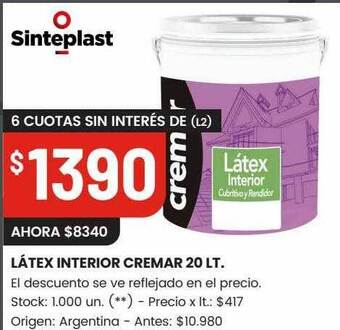 Changomas Látex interior cremar 20 lt. oferta
