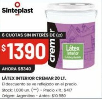 Changomas Látex Interior Cremar 20lt oferta