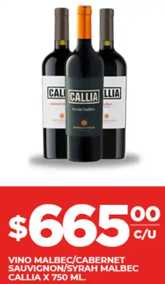 Supermercados DIA VINO MALBEC/CABERNET SAUVIGNON/SYRAH MALBEC CALLIA X 750 ML. oferta