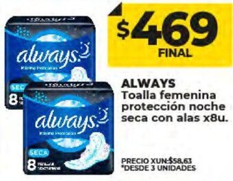 Supermayorista Vital ALWAYS Toalla femenina protección noche seca con alas x8u. oferta