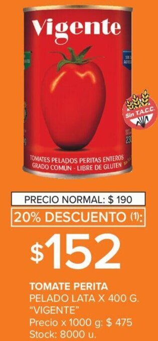 Carrefour TOMATE PERITA PELADO LATA X 400 G. "VIGENTE" oferta