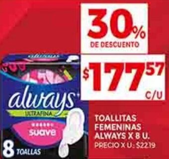Supermercados DIA TOALLITAS FEMENINAS ALWAYS X 8 U. oferta