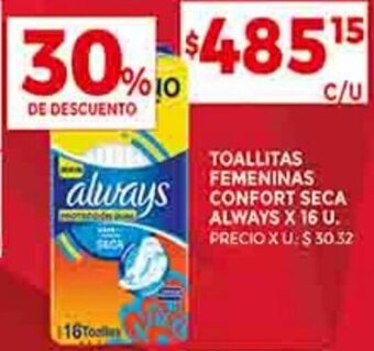 Supermercados DIA TOALLITAS FEMENINAS CONFORT SECA ALWAYS X 16 U. oferta