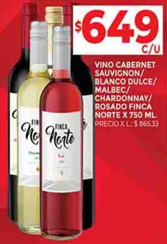 Supermercados DIA VINO CABERNET SAUVIGNON/ BLANCO DULCE/ MALBEC/ CHARDONNAY/ ROSADO FINCA NORTE X 750 ML. oferta