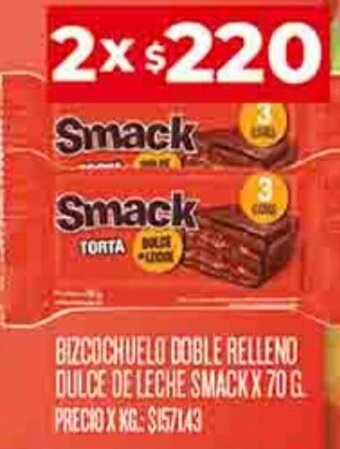 Supermercados DIA BIZCOCHUELO DOBLE RELLENO DULCE DE LECHE SMACK 2 X 70 G oferta
