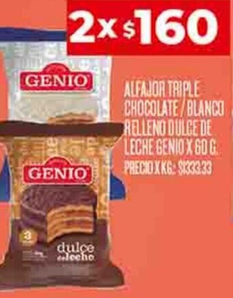 Supermercados DIA ALFAJOR TRIPLE CHOCOLATE/BLANCO RELLENO DULCE DE LECHE GENIO 2 X 60 G oferta