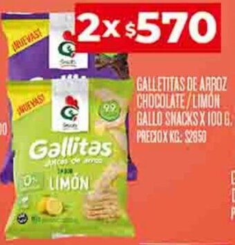 Supermercados DIA GALLETITAS DE ARROZ CHOCOLATE/LIMÓN GALLO SNACKS 2 X 100 G oferta