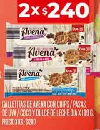 Supermercados DIA GALLETITAS DE AVENA CON CHIPS/PASAS DE UVA/COCO Y DULCE DE LECHE DIA 2X100 G. oferta