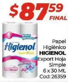 Diarco Higienol Papel Higiénico Export Hoja Simple 6 x 30mt Cod: 26359 oferta