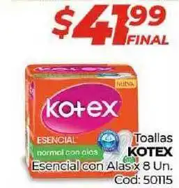 Diarco Kotex Toallas Esencial con Alas x 8un Cod: 50115 oferta