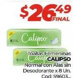 Diarco Calipso Toallas Femeninas Normal con Alas sin Desodorante x 8un oferta