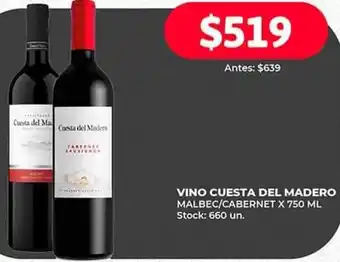 Supermercados Tadicor VINO CUESTA DEL MADERO MALBEC/CABERNET X 750 ML oferta