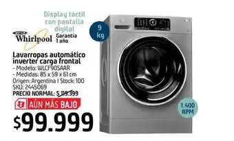 Sodimac Whirlpool Lavarropas Automático Inverter Carga Frontal oferta