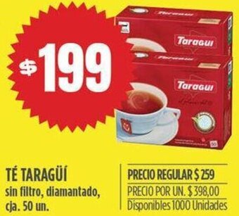 Supermercados Vea TÉ TARAGÜÍ sin filtro, diamantado, cja. 50 un. oferta