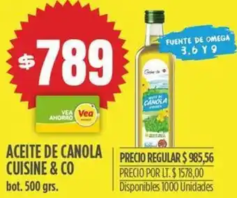 Supermercados Vea ACEITE DE CANOLA CUISINE & CO bot. 500 grs. oferta