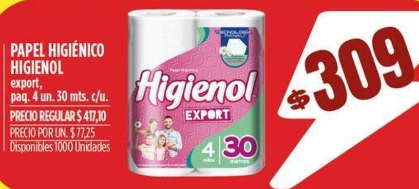 Papel HigiÉnico Higienol Export Paq 4 Un 30 Mts C U Oferta En