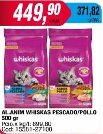 Maxiconsumo AL.ANIM WHISKAS PESCADO/POLLO 500 gr oferta