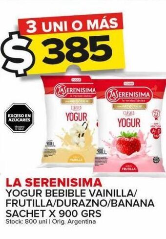 Carrefour Maxi Yogur la serenísima bebible vainilla/ frutilla/ durazno/ banana x 900g oferta