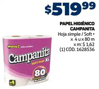 Makro PAPEL HIGIÉNICO CAMPANITA Hoja simple / Soft. x 4 u x 80 m oferta
