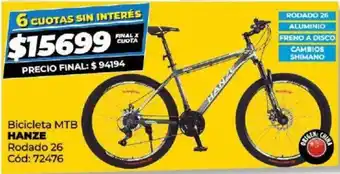 Diarco Bicicleta MTB HANZE Rodado 26 Cód: 72476 oferta