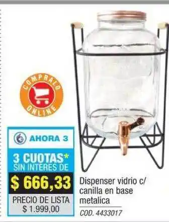 Dispenser vidrio c/canilla en base metalica
