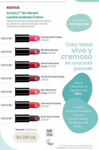 Artistry go vibrant lipstick acabado crema