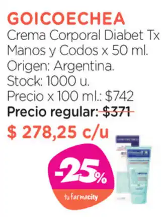 Farmacity Goicoechea Crema Corporal Diabet Tx Manos y Codos x 50 ml. oferta