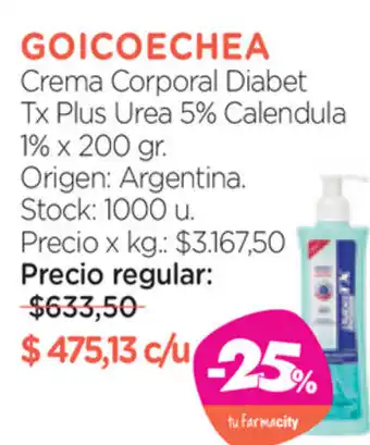 Farmacity Goicoechea Crema Corporal Diabet Tx Plus Urea 5% Calendula 1% x 200gr oferta