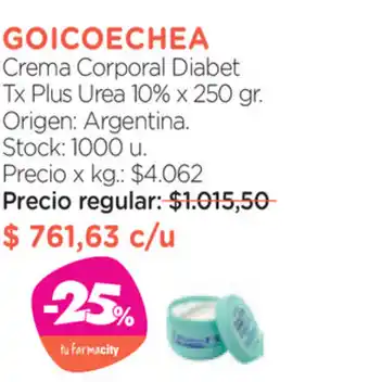 Farmacity Goicoechea Crema Corporal Diabet Tx Plus Urea 10% x 250 gr. oferta