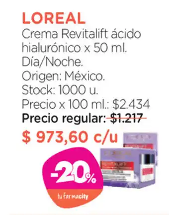 Farmacity Loreal Crema Revitalift ácido hialurónico x 50 ml. Día/Noche oferta