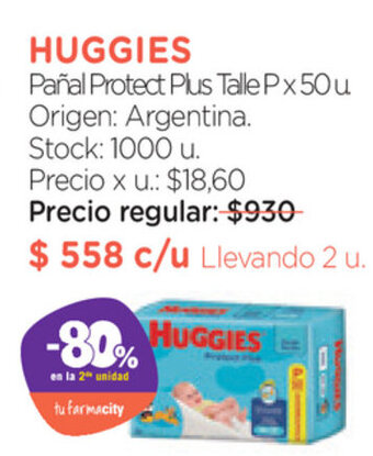 Farmacity Huggies Pañal Protect Plus Talle P x 50u. oferta