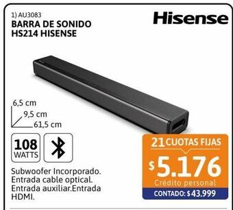 Cetrogar Barra de sonido hs214 108w hisense oferta
