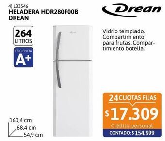 Cetrogar Heladera con freezer hdr280f00b 264 lt blanca drean oferta