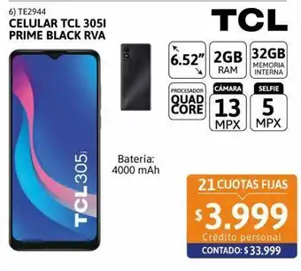 Cetrogar Celular tcl 305i 6.52 2/32gb prime black rva oferta