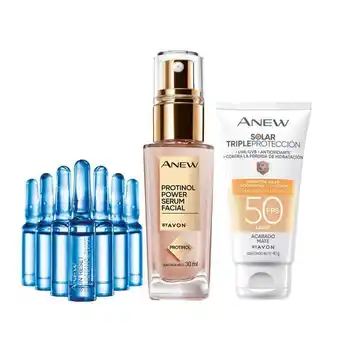 Avon Set x3 protector solar loción facial con color light + protinol power serum facial + ampollas concentradas de restauracion fa oferta